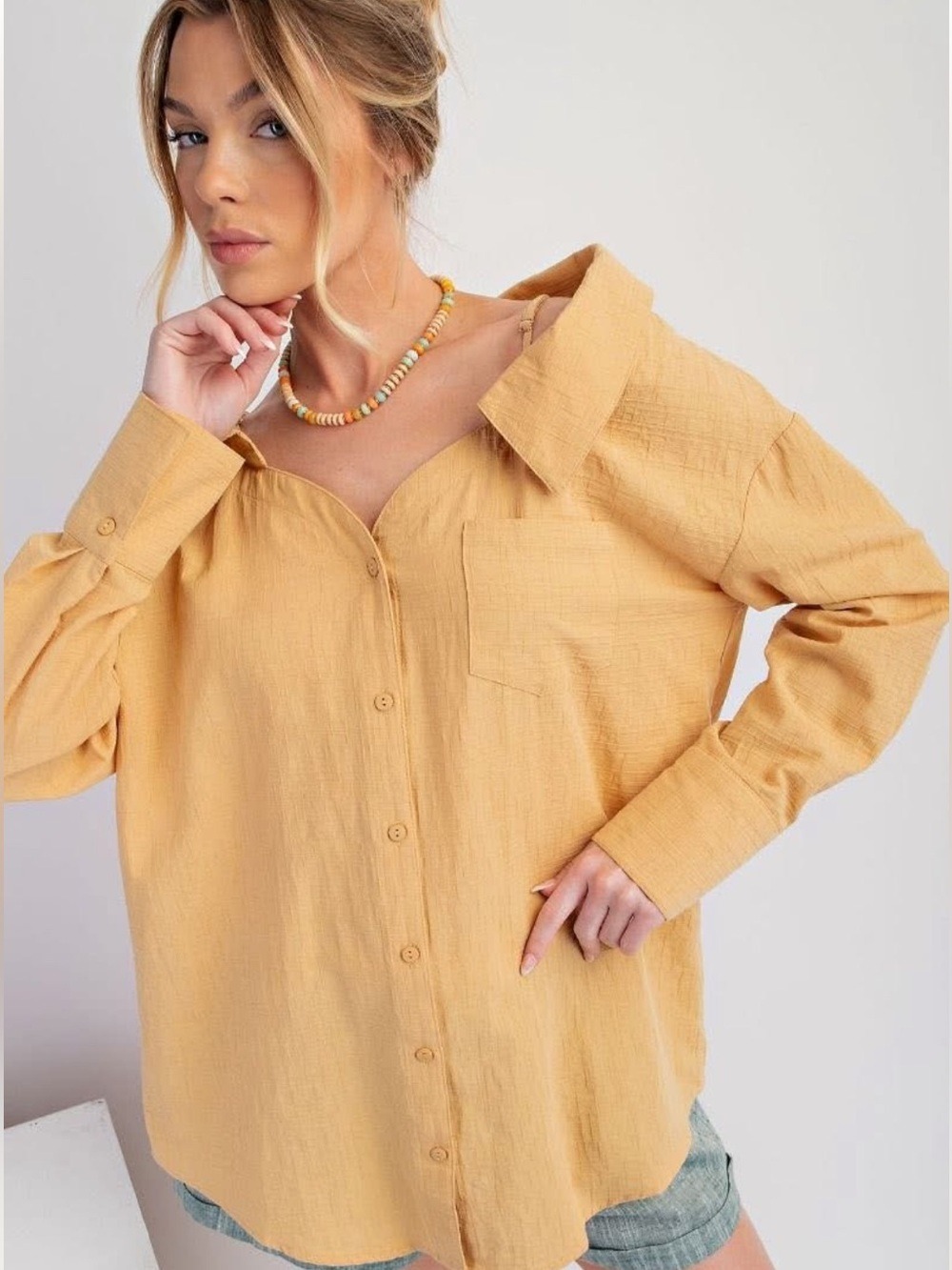 NWT Easel Los Angeles Textured Cotton Oversized Blouse Honey Mustard S